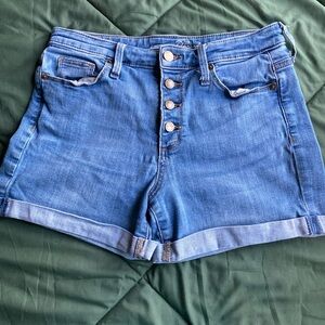 Blue denim shorts with button fly